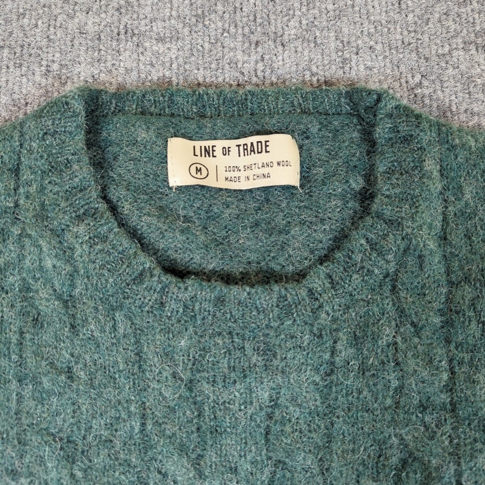 Line of Trade Mens Shetland Wool Cable Knit Crewneck Sweater Green Size M #2719